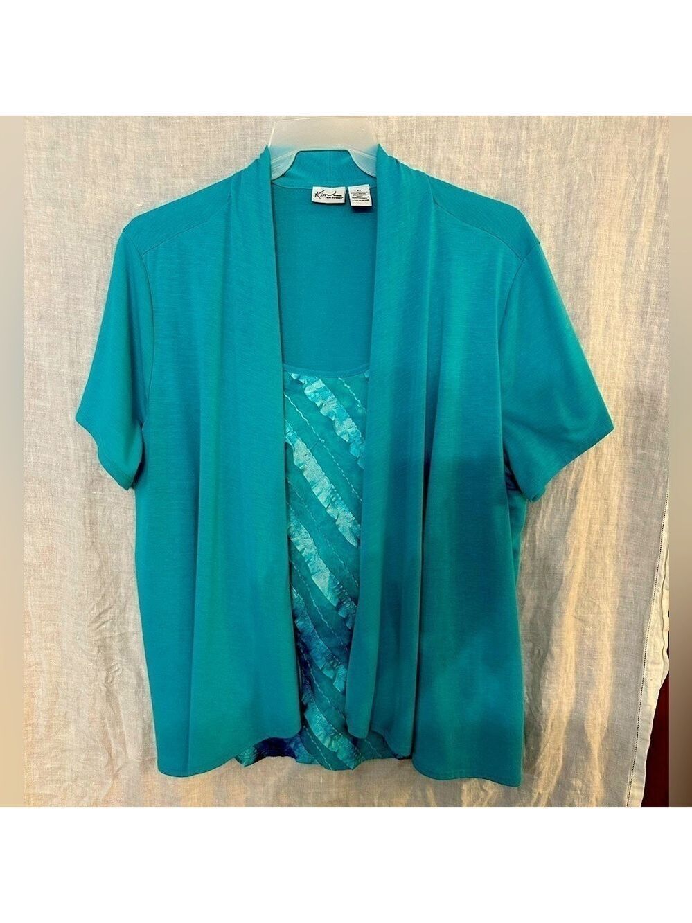 Kim Rogers Teal Short sleeve 2 Piece Look Dressy top Diagonal ribbons on insert